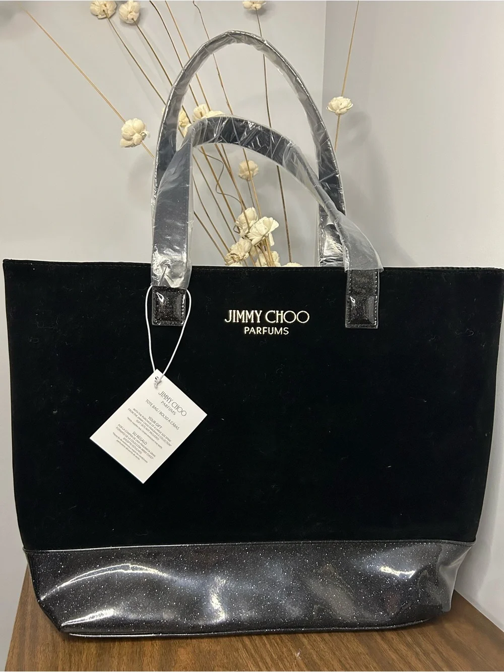 Jimmy Choo Parfums GWP Black Velvet Silver Glitter Tote Bag NWT Large